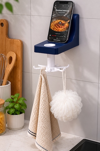 Döner Askı Çift Taraflı Yapışkanlı Mutfak Askısı - Telefon Standlı - 6 Askılı Koyu Lacivert