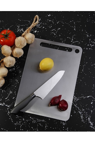 Lüx 34x24 Cm Paslanmaz Çelik Silikonlu Kesim Panosu Metalik