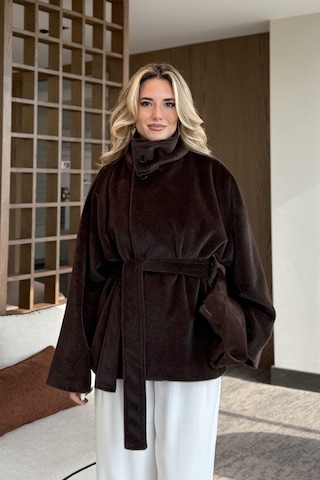 Acı Kahve Yaka Düğmeli Kuşaklı Peluş Ceket - 1624 Acı Kahve