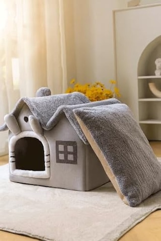 Villa Kedi Evi Peluş Kapalı Kedi Yatağı Minderli Katlanır Gri