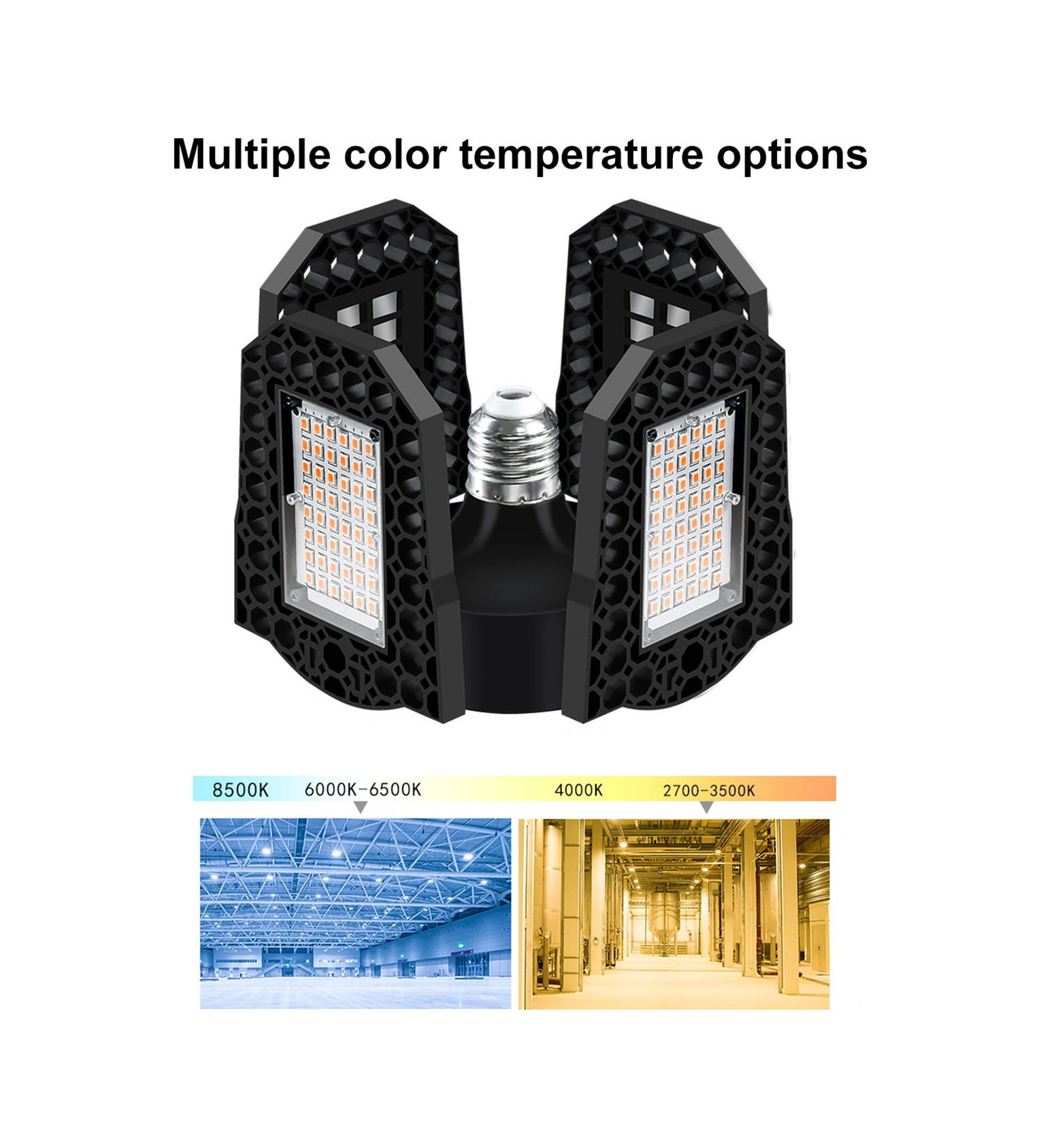 Folinda E27 100w Endüstriyel Led Lambası, Katlanabilir Dört Bladeslı, Su Geçirmez, 6000k Soğuk Beyaz, Garaj Ve Atapark Aydınlatması