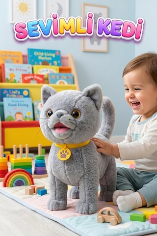 Sevimli Kedi Uzaktan Kumandalı Sesli Miyavlıyan Dil Çıkaran 5 Fonksiyonlu Oyuncak Peluş Hayvan Çok Renkli