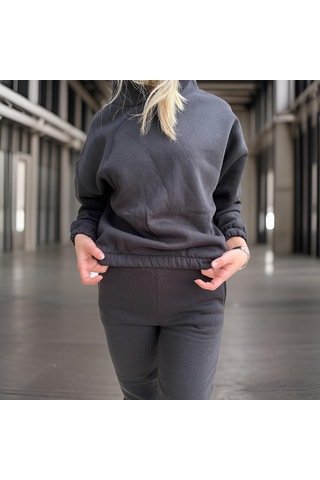 Ceyss Design Oversize İki İplik Şardonlu Beli Lastikli Kadın Eşofman Takımı-siyah Siyah