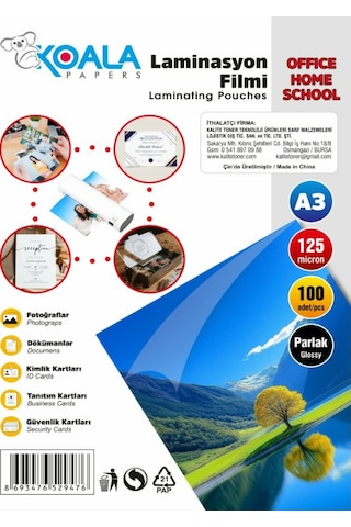 Laminasyon Pres Filmi A3 426x303 Mm 125 Micron 100 Adet