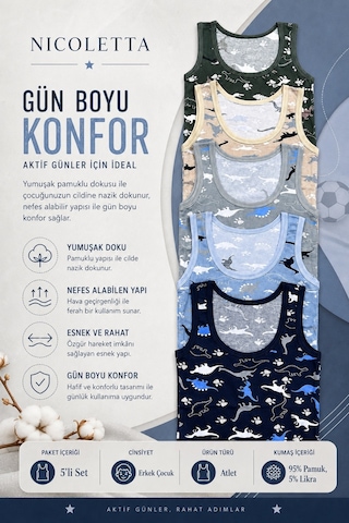Tom John Erkek Çocuk Atlet Geniş Askılı Dinazor Baskılı Pamuklu Likralı Ti Lacivert
