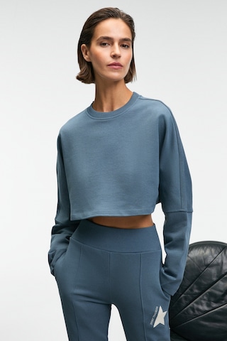 Grımelange ANOUK Kadın Pamuklu Baskı Ve Patch Detaylı Bisiklet Yaka Crop Petrol Mavisi Sweatshirt