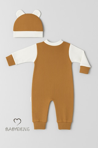 Babyden's Teddy Bear Temalı Yenidoğan Fitilli Tulum Takımı Ayıcıklı Erkek Bebek Tulum Şapka Set %100pamuk Kahverengi