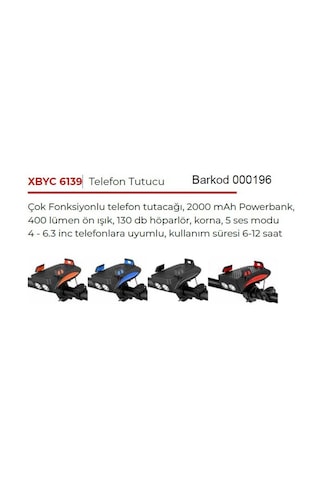 Powerbank Telefon Tutucu Kornalı Bisiklet Feneri 2000 Mah 4 In 1 Gri - Siyah