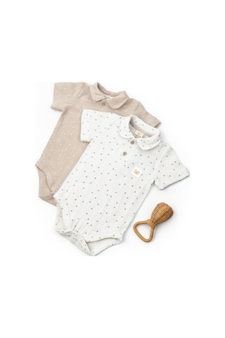 Bebek 2li Kısa Kollu Badi Müslin %100 Pamuk, Bebek Ve Yenidoğan Serisi - Ekru