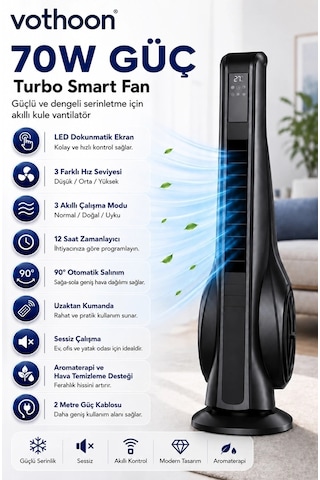 Turbo Smart Akıllı Fan Led Ekranlı Kumandalı 90 Hareketli Serinletici Soğutucu Kule Tipi Vantilatör Çok Renkli