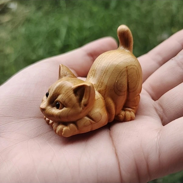 Trendooze Şirin El Yapımı Ahşap Kedi Heykeli - Ev & Ofis Dekoru, Güneşli022 Kedi