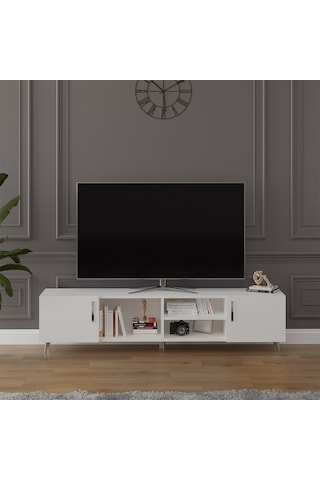 Asra Trend Tv Ünitesi T-09 %100 MDF 180 cm Tv Sehpası Dolaplı Raflı Beyaz