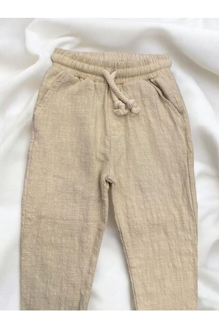 Nanica Kids Erkek Bebek Keten Beli Lastikli Bol Paçalı Pantolon-14077 Bej