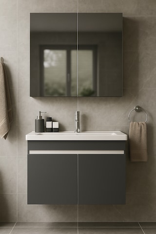 Arista 80 Cm Antrasit Mdf, Seramik Lavabolu, Alt Ve Üst Dolap Antrasit