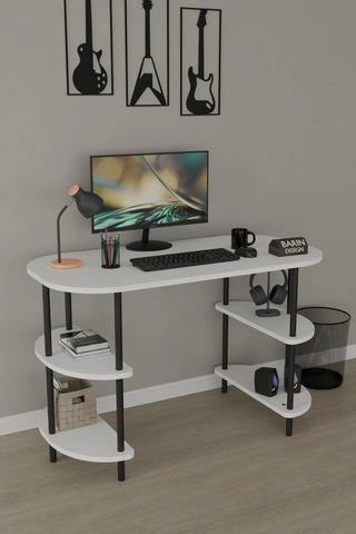 120 Cm Çalışma Masası Bilgisayar Masası 2 Raflı Kitaplık Ofis Ders Masası Ahşap Metal Ayaklı Beyaz