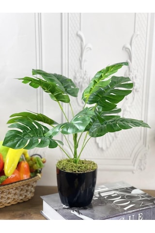 Yapay Çiçek Monstera 9 Dal Siyah Plastik Saksılı Deve Tabanı Deko