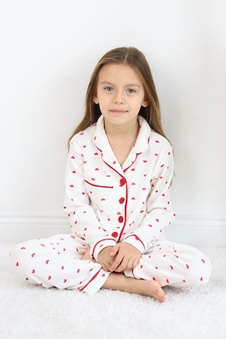 Kız Çocuk Kırmızı Kalpli Pamuklu Pijama Takımı - Uzun Kollu Düğmeli Rahat Takım Kırmızı