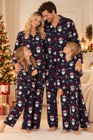 Free Beka Yılbaşı Desenli Kırmızı Uzun Kollu Önden Düğmeli Gömlek Yaka Aile Pijama Takımı Kombini Lacivert