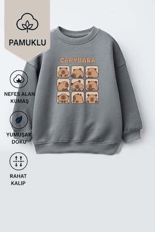 Monila Unisex Çocuk 3 İplik Kumaş Baskılı Pamuklu Sweatshirt Antrasit