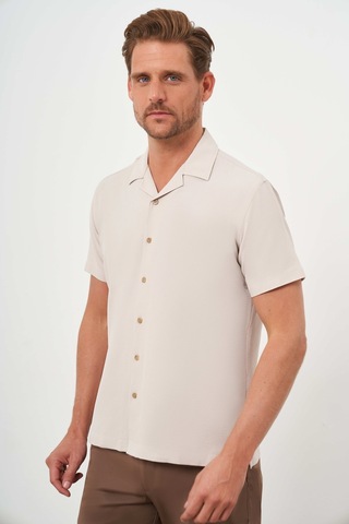 Morven Erkek Bej Viscon Apaçi Yaka Regular Fit Kısa Kol Gömlek Bej