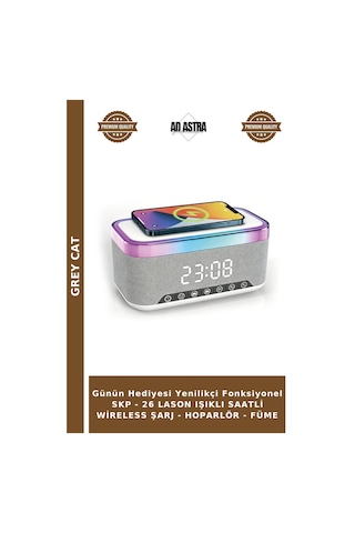 Günün Hediyesi Yenilikçi Fonksiyonel Skp - 26 Lason Işıklı Saatli Wireless Şarj - Hoparlör - Füme