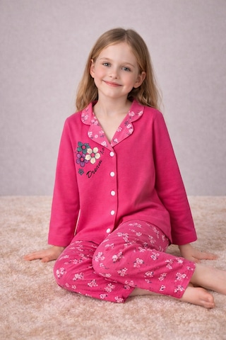 Beka Kids Çiçek Desenli Uzun Kollu Önden Düğmeli Gömlek Yaka Kız Çocuk Mevsimik Pijama Takımı Pembe
