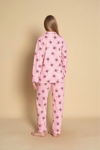 Kadın Gömlek Desenli Uzun Kol Pijama Takımı Pembe