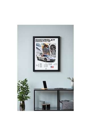 Chevrolet Corvette C8 Ahşap Çerçeveli Poster Tablo Mid-engine American Supercar Siyah