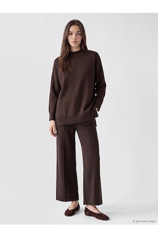 Lc Waikiki Lc Waıkıkı Kahverengi Yarım Balıkçı Yaka Kadın Oversize Triko Tunik