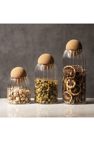 Morponi 3lü Top Mantar Kapaklı Çizgili Cam Kavanoz Ve Baharatlık Seti Şeffaf