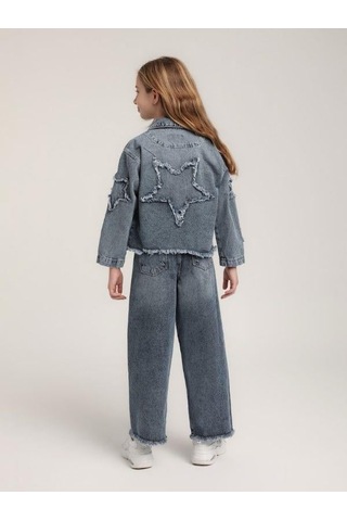 Kız Çocuk Yıldızlı Büyük Cepli Kot Ceket-15622 Mavi