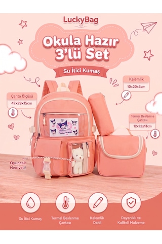 Kore Kawaii Tarzı Erkek Kız Okul Çantası Aksesuarlı Kız Çocuk Ve Erkek Çocuk Sırt Çantası 3'lü Set Yavruağzı Turuncu