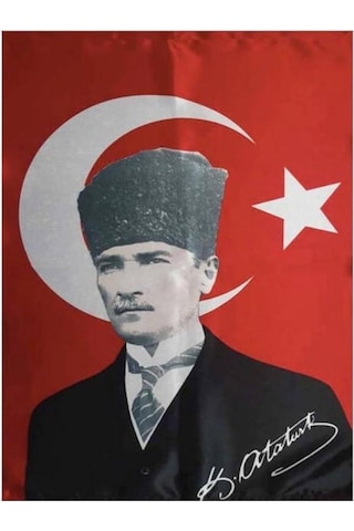 Türk Bayrağı Kalpaklı Atatürk Posterli Saten Türk Bayrağı K.atatürk İmzalı Türk Bayrağı 70x100