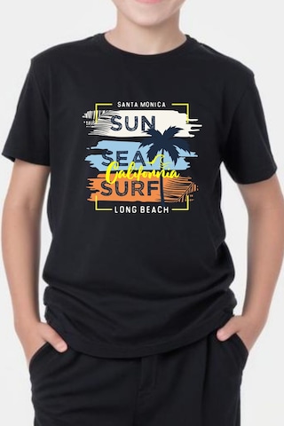 Panios Kids California Sun Baskılı Erkek Çocuk Kısa Kollu Yuvarlak Yaka T-shirt Siyah