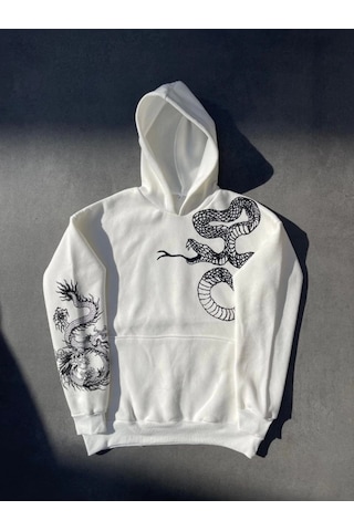 Valensdesign Uzun Kol Kapşonlu Baskılı Sweatshirt - Beyaz