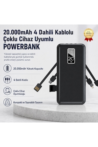 20.000mah 4 Dahili Kablolu Powerbank Çoklu Cihaz Uyumlu Taşınabilir Sarj Cihazı-1701 Siyah
