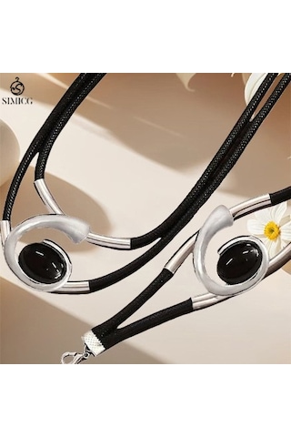 Bohem Tarzı Kolye Bilezik Seti Siyah Akrilik Salyangoz Seti Gümüş