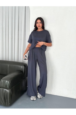 Moda Assema Kadın Osy Modal Yumuşak Dokulu Kumaş Bisiklet Yaka T-shirt Bol Paça Pantalon İkili Takım -antrasit Çok Renkli