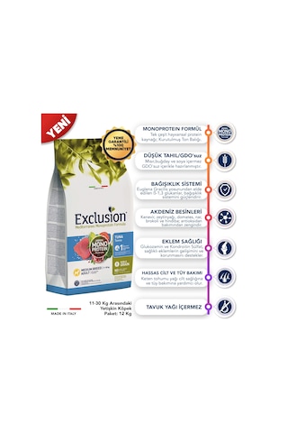 Exclusion Monoprotein Düşük Tahıllı Ton Balıklı ve Narlı Orta Irk Yetişkin Köpek Maması 12 KG