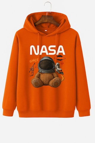 Kokina 3 İplik Penye Unisex Nasa Ayıcık Baskılı Kapüşonlu Sweatshirt Turuncu