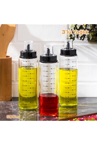 Porsima 401354 3lü Kapaklı Ölçekli Cam Yağlık Sirkelik Yağdanlık