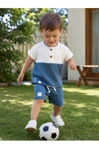 Babyhola Erkek Bebek Müslin Kumaş Şortlu Takım Yazlık Kısa Kollu 2 Li Takım 22455 Mavi