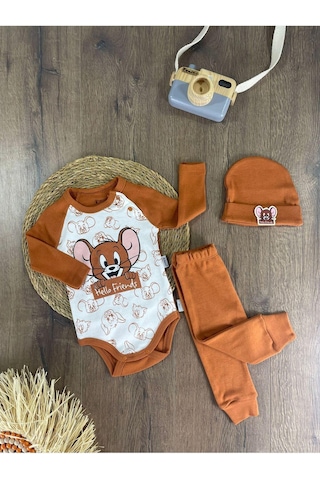 2d2b Hello Friends Alttan Çıtçıtlı Bereli Unisex 3lü Bebek Takım Kahverengi