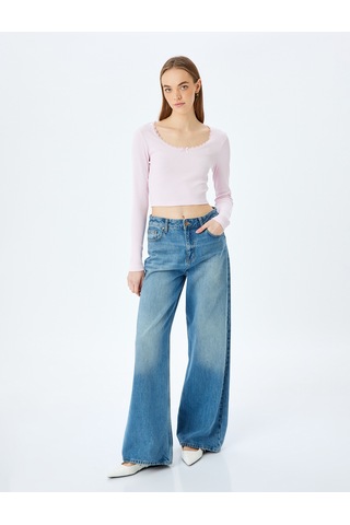 Koton Dantel Detaylı Uzun Kollu Slim Fit Crop Tişört Pembe 5sal10423ık Gül