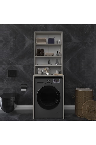 Asra Trend Çamaşır Makinesi Üstü Banyo Dolabı BD-04 %100 MDF 4 Katlı Organizer Raf Kül Gri
