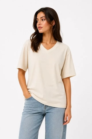 Hazego V Yaka Basic Tişört Kısa Kol Yazlık Regular Fit T-shirt - Bej