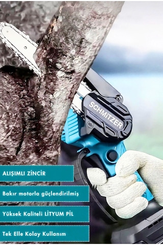 Schmitzer SCH-9108TU 21V Pro Metal Dişli Çift Akülü Çelik Şansuzan Şarjlı Dal Ağaç Budama Makinesi Testeresi