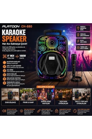 Platoon Pl-4660 Ch-880 Karaoke Speaker Hoparlör Dc 5v 8'' Inch Mikrofonlu Usb Sarjlı Rgb Işıklı Bt