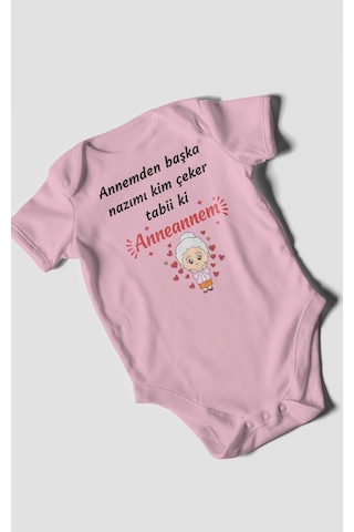 Annemden Başka Nazımı Kim Çeker Tabiki Annanem V2 Baskılı Bebek Zıbını Çıtçıtlı Body Kısa Kol Koyu Pembe