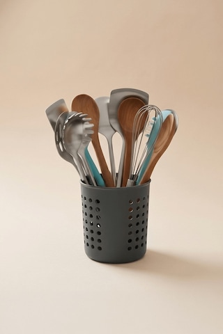 Antrasit - A+ Silindir Kaşıklık Tezgah Üstü Servis Standı, Su Gider Delikli, Plastik Düzenleyici Organizer Antrasit